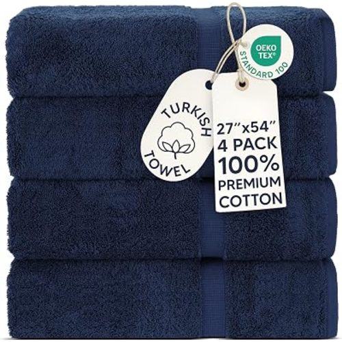 Chakir Turkish Linens 100% Cotton 4-Pack Bath Towels 27x54, Navy