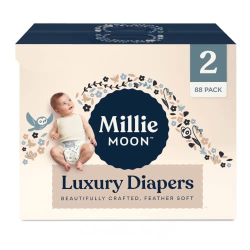 Millie Moon Luxury Diapers and Training Pants for Sensitive Skin, Newborn to Size 7 Baby Diapers and 2T-5T Toddler Potty Training Underwear (Size 2 (12-18 lbs), Diapers)