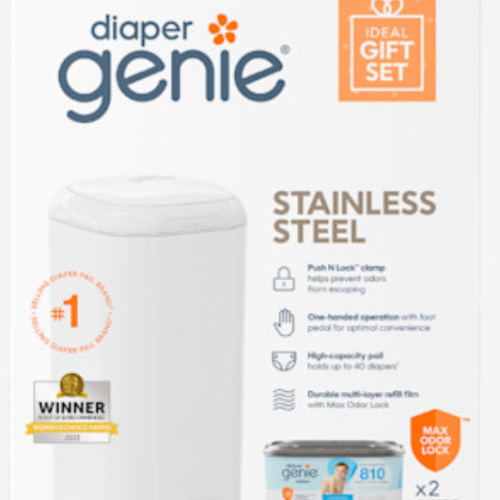 Diaper Genie Select Pail Registry Gift Set (White) | Made of Durable Stainless Steel Metal | Includes 2 Jumbo Refills | Holds 1620 Newborn Diapers
