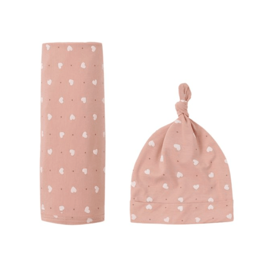 Bamboo Swaddle + Knotted Hat - Pink Hearts