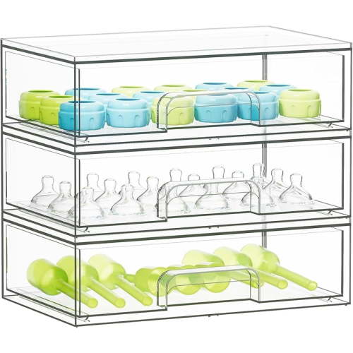 Bottle Storage Organizer Baby - Acrylic Bottles Station Organizer Container, Stackable Clear Drawers for Countertop, Vanity, Bathroom, Cabinet, Pantry Organization, 5 Pack, 2S2M1L, 15.4" H