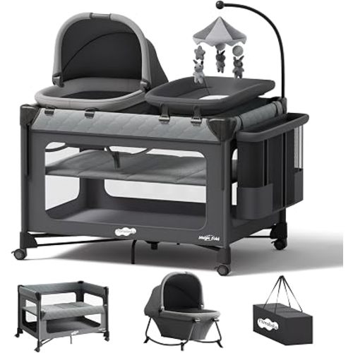 Pamo Babe Pack and Play with Bassinet - 7 in 1 One-Step Setup Bedside Crib, Portable Playpen, Travel Crib, Baby Playard with Diaper Changing Station, Toy Bar & Large Storage Bag