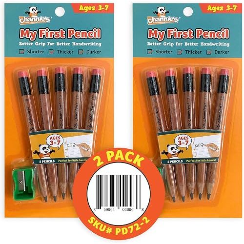 Channie's My First Pencil, Easy-to-Hold Jumbo Pencils for Preschoolers, Kindergarteners & 1st Graders, Brown Wooden 2B Fat Pencils for Kids Ages 3-7, 2 Pack (5 Each) + Sharpener