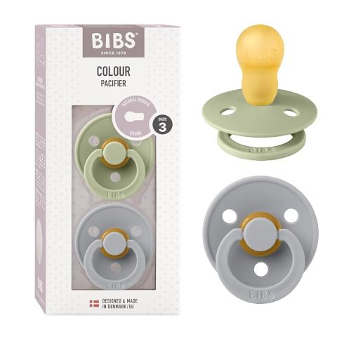 BIBS Pacifiers Colour Collection | Natural Rubber Baby Pacifier | Set of 2 BPA-Free Soothers | Made in Denmark | 18+ Months (Pack of 2) | Sage/Cloud