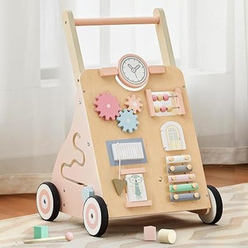 Wooden Baby Walker, Baby Push Walker with Wheels Multiple Learning Activity Center Baby Walker Adjustable Height and Speed for Girls Ages 9+ Months, Pink