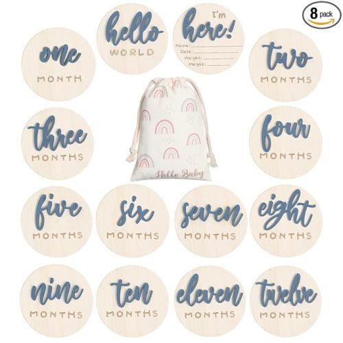 7 Pack 3D Baby Monthly Milestone Card Signs Baby Announcement Sign Double Sided Hello World Newborn Signs Wooden Circles Discs for Welcome Newborn Boy Girl Photo Props(Slate Blue,Letter)