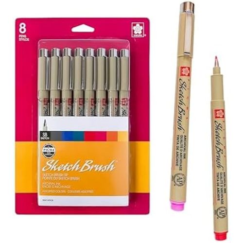 SAKURA Pigma Sketch Brush - Archival Ink Sketching Pens - Art Pens for Calligraphy, Hand Lettering & Writing - Assorted Archival Colors - 8 Pack