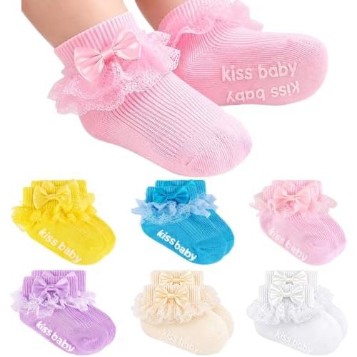Baby Girl Ruffle Socks with Grips, Cotton Bowknot Lace Dress Socks