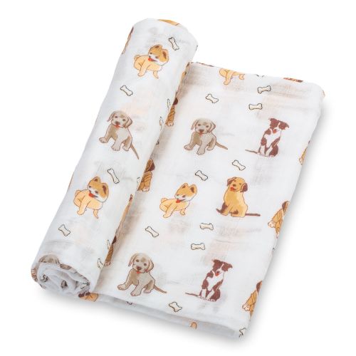 LollyBanks Muslin Swaddle Blanket – 100% Cotton Baby Wrap 47”x47”, Soft Newborn Receiving Blanket, Nursery Essential (Puppies Print)