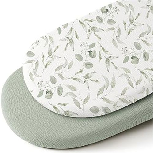 Konssy Muslin Bassinet Sheets for Baby Girl Boy, 2 Pack Soft Breathable Baby Bassinet Mattress Sheets Fit for Hourglass Oval Cradle, Moses Basket Rectangle Mattress (Green, Green Leaves)
