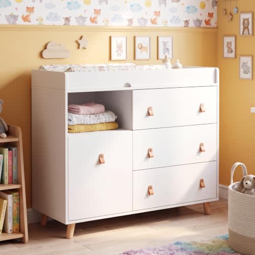 45" Baby Diaper Changing Table Dresser for Infants, White | Modern Toddler Kids Nursery Dresser Chest with Drawers Shelf, Storage Changing Station,Large