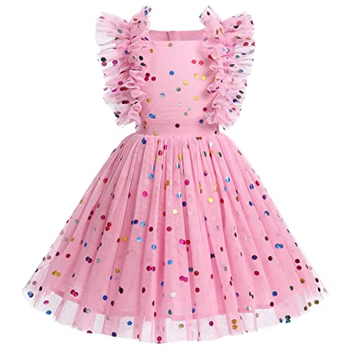 IDOPIP Flower Girls Sequin Butterfly Dot Tutu Dress for Kids Baby First Communion Wedding Princess Birthday Party Dresses