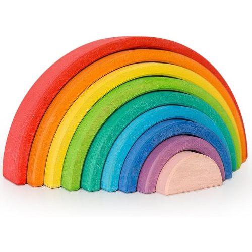 AVDAR 9Pcs Wooden Rainbow Stacker Toy, Montessori Nesting Puzzle for Kids, Rainbow Blocks