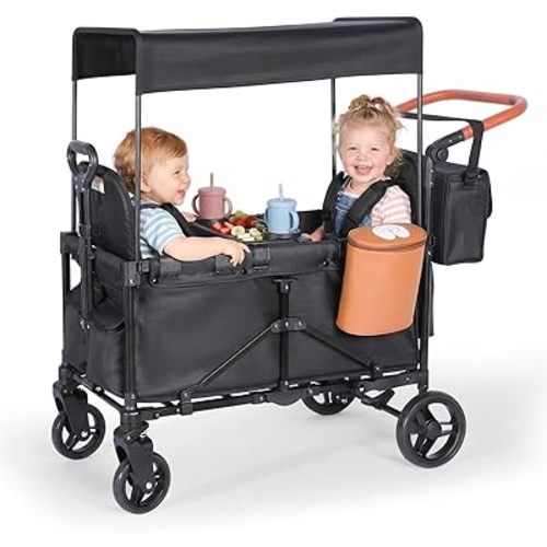 2-in-1 Wagon Stroller for Two Kids – Foldable Push & Pull All‑Terrain Wagon with Canopy, 5‑Point Harnesses, 2-in-1 Storage Bag (Converts to Shoulder Bag), Lightweight, Compact – Black