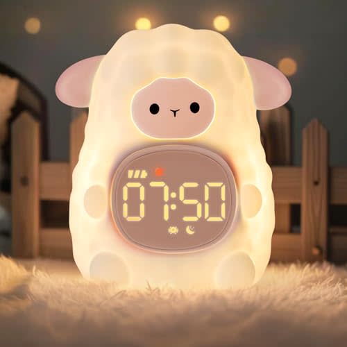 Sheep Alarm Clock with Night Light for Kids with Sleep Training and Sound Machine, Rechargeable Silicone Lamp OK to Wake Clock,Cute Animal Tabletop Lamp, Perfect Sleep Companion for Boys Girls, Pink
