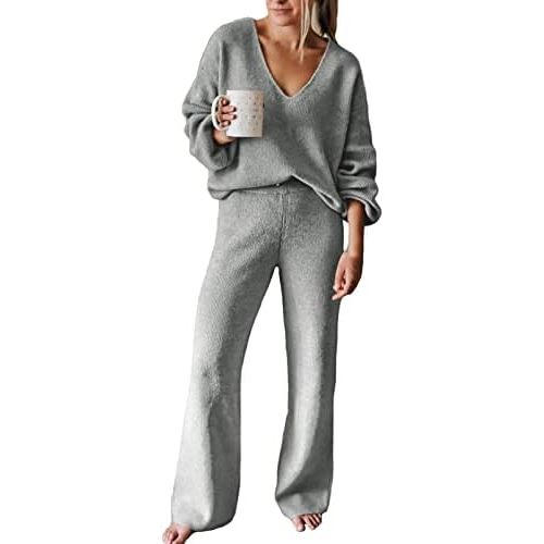Viottiset Women's 2 Piece Outfits Casual V Neck Knit Wide Leg Sweater Lounge Set Sweatsuit