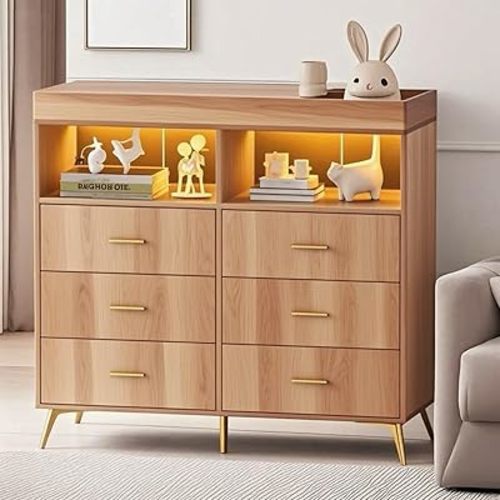 Baby Changing Table Dresser with 6 Drawers, Baby Nursery Dresser, LED Lights & Charging Station – Multifunctional Nursery Dresser with Removable Changing Top, Anti-Tip Design, Nature