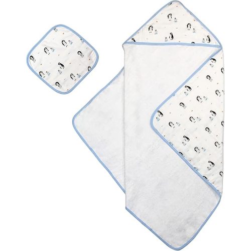 Bamboo Viscose Baby Hooded Towel & Washcloth Set for Babies and Toddlers, Soft & Absorbent, 70% Viscose from Bamboo, 30% Cotton Muslin - Imported (Penguin)