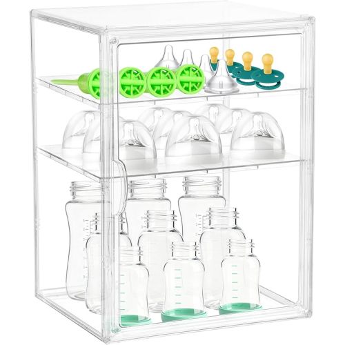 Baby Bottle Organizer, 3-Tier Clear Bottle Station Organzier for Countertop Cabinet, Acrylic Storage Organizers Container with Magnetic Door for Bottles, Pacifiers, Pump Parts