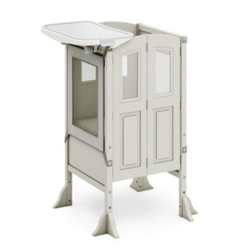 Guidecraft Kitchen Helper Toddler Tower & Mealtime and Play Tray Bundle: Martha Stewart Taupe Folding, Adjustable Step Stool & Detachable Tray Table