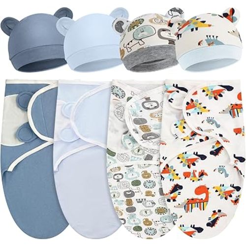 4 Pack Preemie Swaddle Blanket Wrap Set with Hat for Baby Boys Girls 3-7 Lbs Preemie Newborn Clothes Sleepers Cap