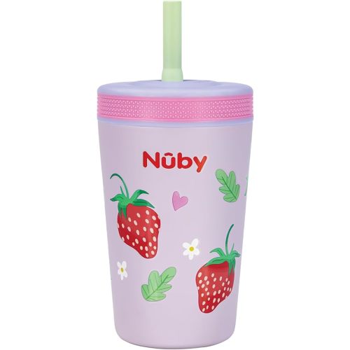 Nuby Thirsty Kids Insulated Toddler Cup with Silicone Flexstraw - 12 oz - Stainless Steel and Leak-Resistant - 18+ Months - Strawberries
