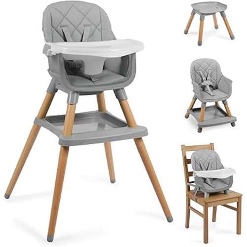 TODEFULL 8 in 1 Wooden High Chairs for Babies Toddlers, Convertible to Booster Seat, Baby Feeding Highchair w/ 5-Point Safety Harness, Removable Tray & Cushion, Gray