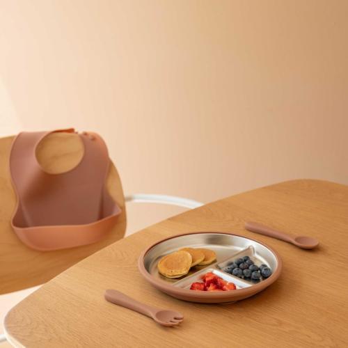 Baby Feeding Essential Set Mocha Brown, Stainless Steel Suction Plate, Chocolate Brown Weaning Kit for 6–18 Months, Baby Birthday Gift