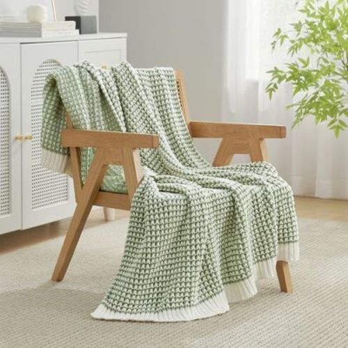 Reversible Chenille Waffle Knit Throw Blanket Soft, Lightweight & Cozy, Sage Green & Ivory- Amelie Home