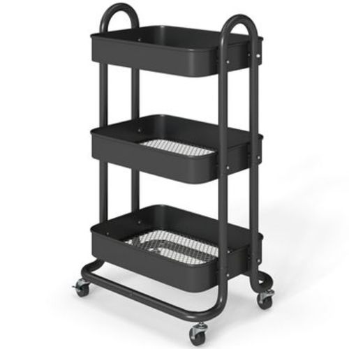 3-Tier Rolling Utility Cart Carbon Steel Powder-Coated Lockable Wheels Black