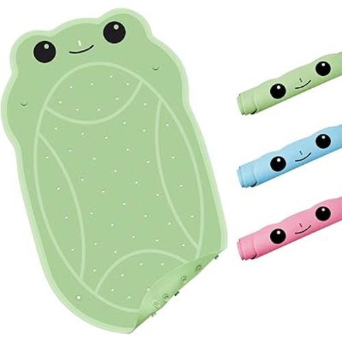 Bath Shower Mat for Toddlers, Green BPA-Free Cartoon Frog Bathtub Mat Non Slip, Soft Rubber Bath Mat for Tub, Shower Bath Mats with Suction Cups & Drain Holes for Inside Shower and Bathroom