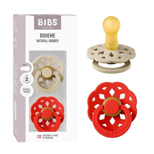 BIBS Boheme Pacifier 2-Pack. BPA Free, Round Nipple. Natural Rubber Latex, Made in Denmark, Size 2 (6-18 Months) - Vanilla/Candy Apple
