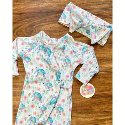 Newborn Turtle Romper Set with Matching Headband, Baby Girl One-Piece Pajamas, Baby Shower Gift