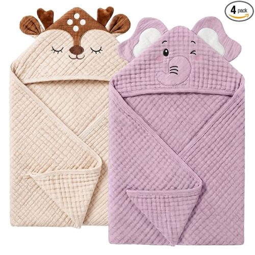 4 PCS Muslin Baby Bath Towels Set, 100% Cotton 2 PCS Animal Hooded Baby Towels 32x32 Inch & 2 PCS Washcloths, Ultra Absorbent & Soft Infant Newborn Essentials Gifts for Boys & Girls, Elephant & Deer
