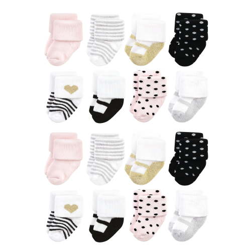 Hudson Baby Cotton Rich Baby Terry Socks 16-Pack, Silver Gold Pink, 0-6 Months