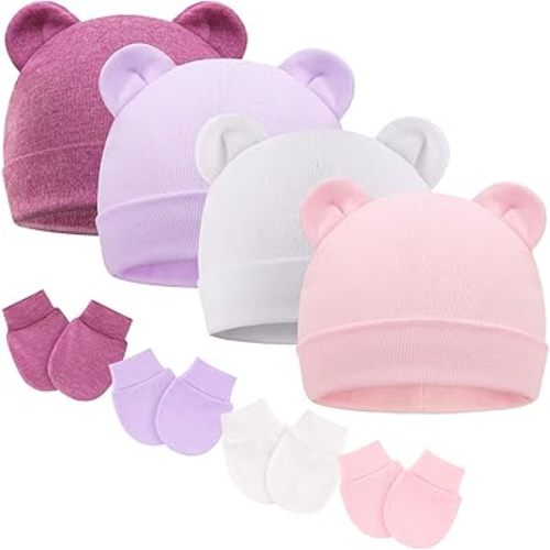 BQUBO Newborn Baby Hats Mittens Set Hospital Hat Beanie Infant Caps Baby Gloves for Boys Girls 0-6 Months