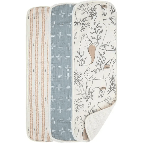 Crane Baby Muslin Burp Cloths Set, Woodland Animals, Gender Neutral Baby Gift, Absorbent Cotton Terry Backing, Machine Washable, 7" X 20"