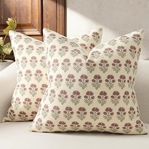 Farmhouse Floral Pillow Covers 16x16 Set of 2, Country Botanical Throw Pillow Cover for Sofa Couch Bed Living Room, Rustic Vintage Flower Cushion Covers Cottage Home Decor,Rust Meadow