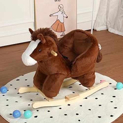 KEIKI Horse Ride-On Rocking with Lullaby Song, Hand Puppets, Safety Belt, Plush Rocking Horse for Ages 1-3, Interactive Kids Rocker, Brown