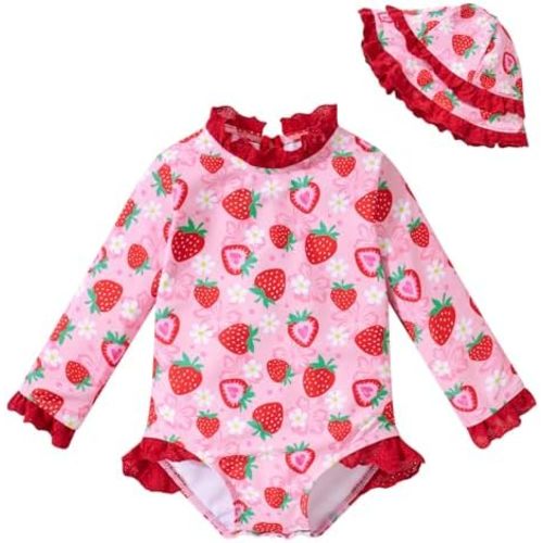 Baby Girl Long Sleeve Swimsuit Set Toddler Rash Guard with Sun Hat One Piece Bathing Suit for Infant 3-24 Months