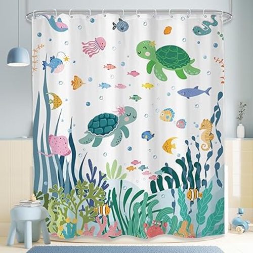 Kids Shower Curtain Bathroom Set 60Wx71H Inches Cute Sea Turtle Ocean Fish Starfish Corals Underwater World Marine Sealife Bath Accessories Fun Boys Girls Art Home Decor Fabric 12 Pack Hooks