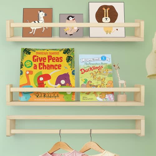 storenization Floating Book Shelves for Wall, 23.6 inch Natural Wood Nursery Shelves for Book Storage, Solid Pine Wooden Floating Bookshelf for Bedroom Living Room, Set of 3, Unfurnished - DIY