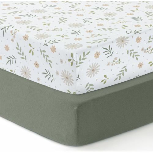 Dreamology Crib Sheets Cotton, 100% Cotton Fitted Crib Sheet, 2 Pack, Standard Crib Sheet, Cotton Crib Sheets fitted Girls,Boys,Crib Mattress Sheet,Toddler Bed Sheets, 28x52 Crib Sheet | Green,Flowers