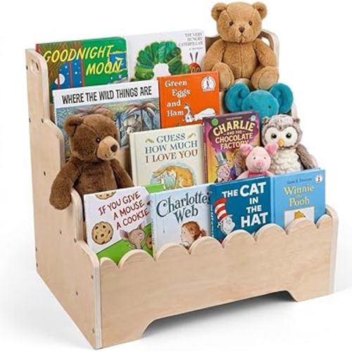 Small Wooden Bookshelf 4-Tier, Natural Pine Wood Kids Bookshelf, Scalloped Toddler Book Shelf, Baby Nursery Book Shelf, Display Front Facing Montessori Book Case for Children Room Playroom