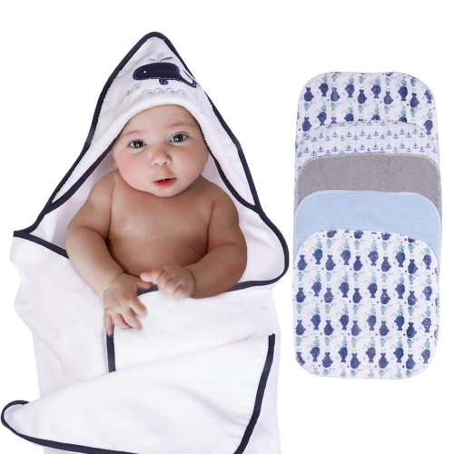 Viviland Baby Hooded Bath Towel and Washcloths 6 Pack for Newborn and Infants, Whale