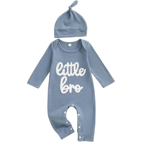 allshope Newborn Baby Boy Fall Outfit Romper Little Brother Lil Bro Long Sleeve Jumpsuit Bodysuit Cute Infant Waffle Clothes