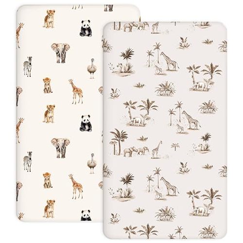 Crib Sheets for Boys Girls, 2 Pack Jersey Knit Fitted Crib Sheets for Standard Toddler Mattress 28"x 52", Soft and Breathable Baby Bedding (Safari Dreams)