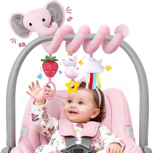 Spiral Car Seat Toys for Baby Girls 0-6 Months, Cute Pink Elephant Strawberry Stuff, Perfect Newborn Shower Gifts for Girls Essentials