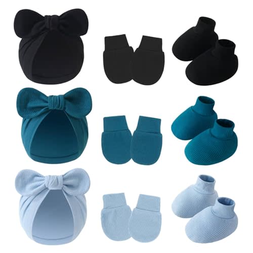 3piece Newborn Hats Mittens Socks Set Baby Boy Cotton Beanies Infant Hospital Hat Toddler Girl Mitten