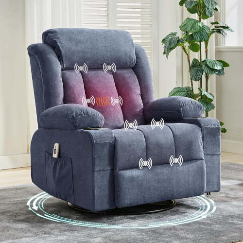 360° Swivel Rocker Recliner Chair with Heat and Massage, Oversized Lounge Sofa with USB Charging, Cup Holders, and Side Pockets. Ideal for Living Room, Bedroom, or Nursery